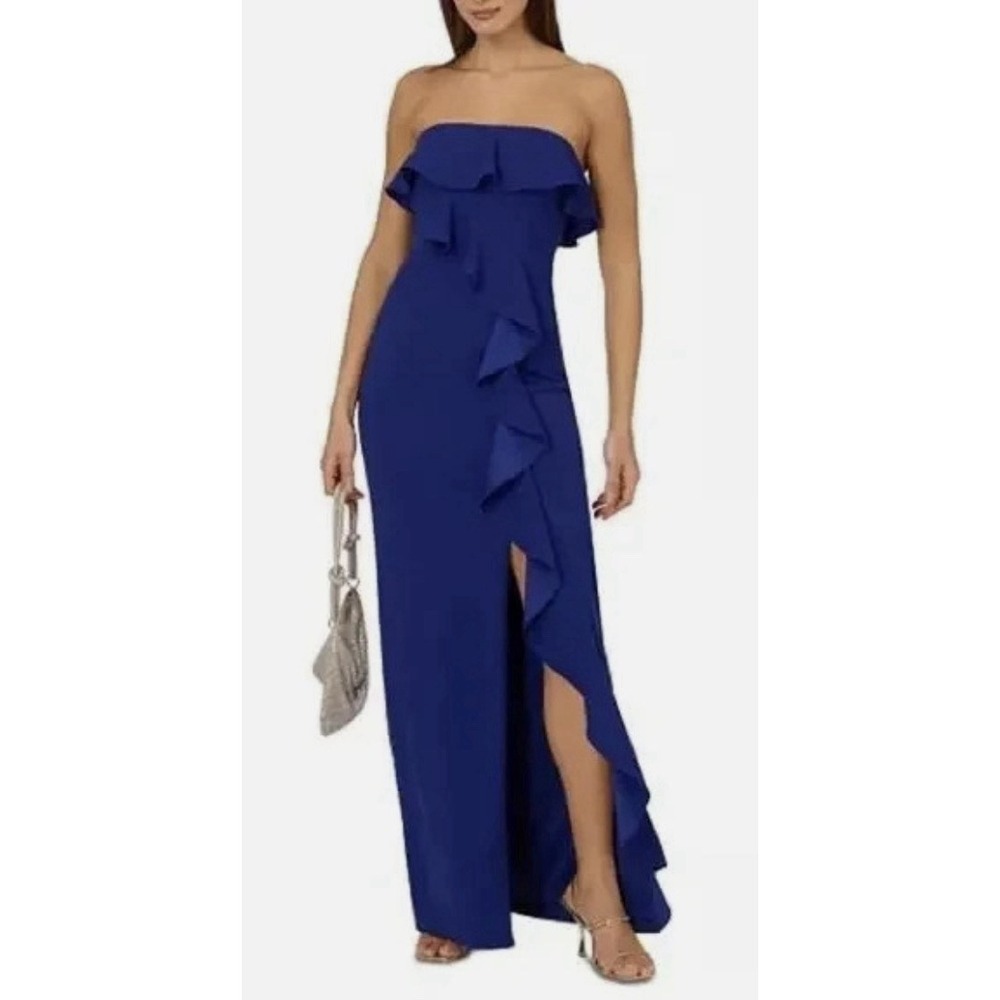 Adrianna Papell Gown Size 14 Royal Sapphire Blue Strapless Stretch Crepe Column